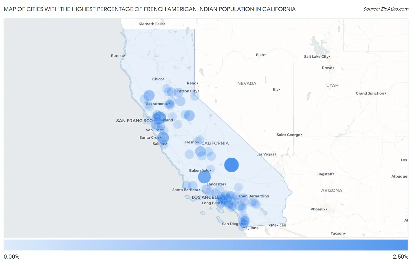 Cities with the Highest Percentage of French American Indian Population in California Map
