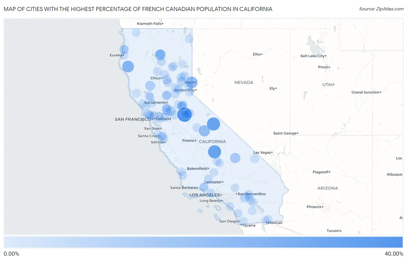 Cities with the Highest Percentage of French Canadian Population in California Map