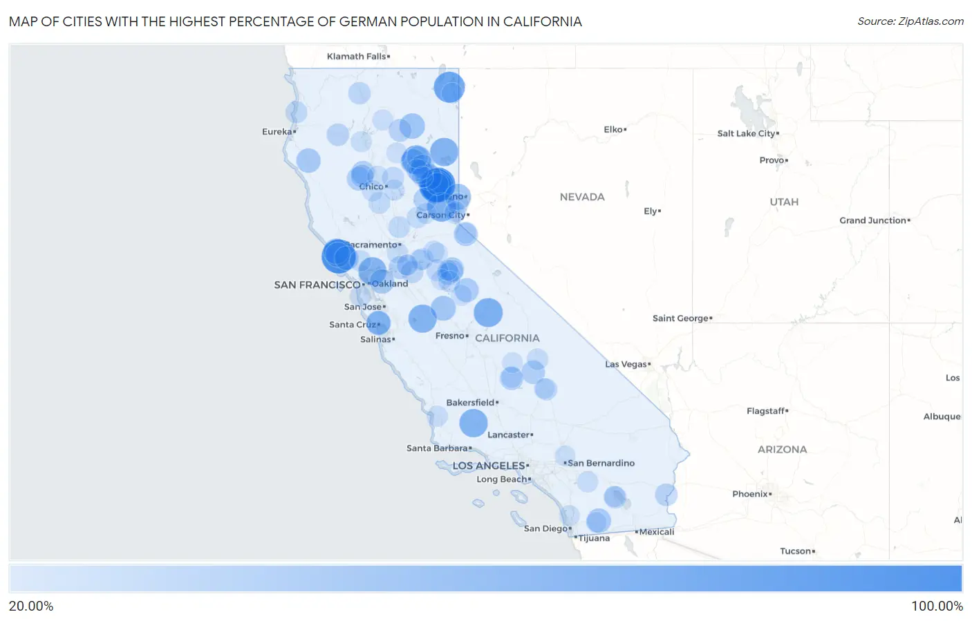 Cities with the Highest Percentage of German Population in California Map