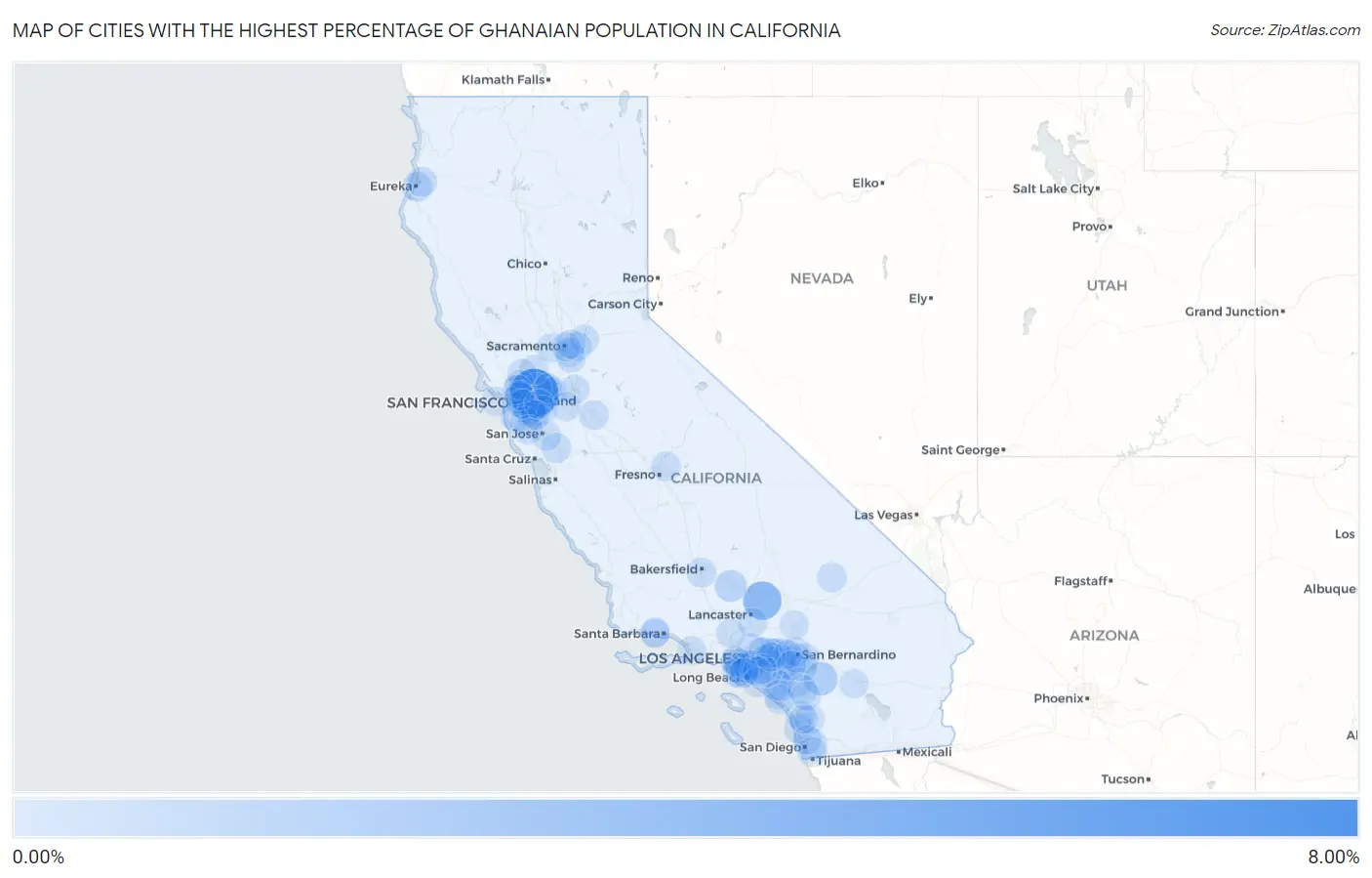 Cities with the Highest Percentage of Ghanaian Population in California Map
