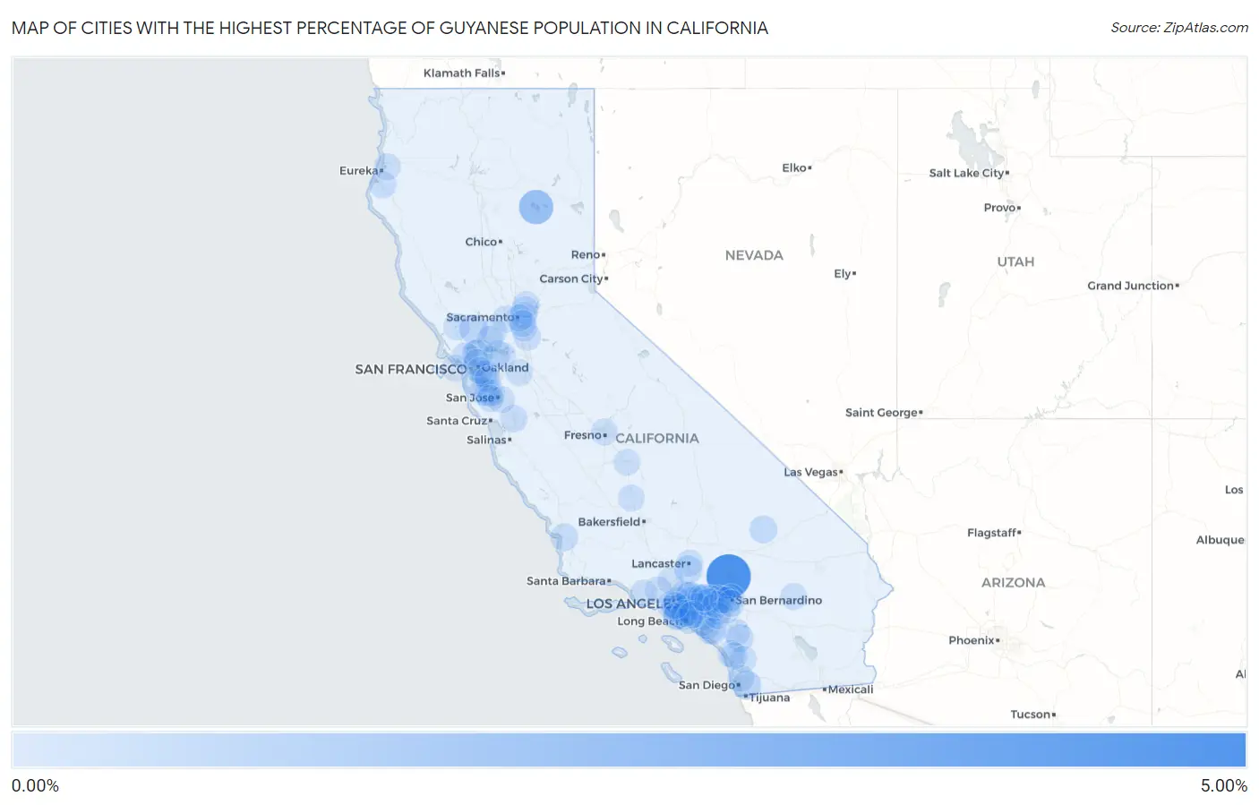 Cities with the Highest Percentage of Guyanese Population in California Map
