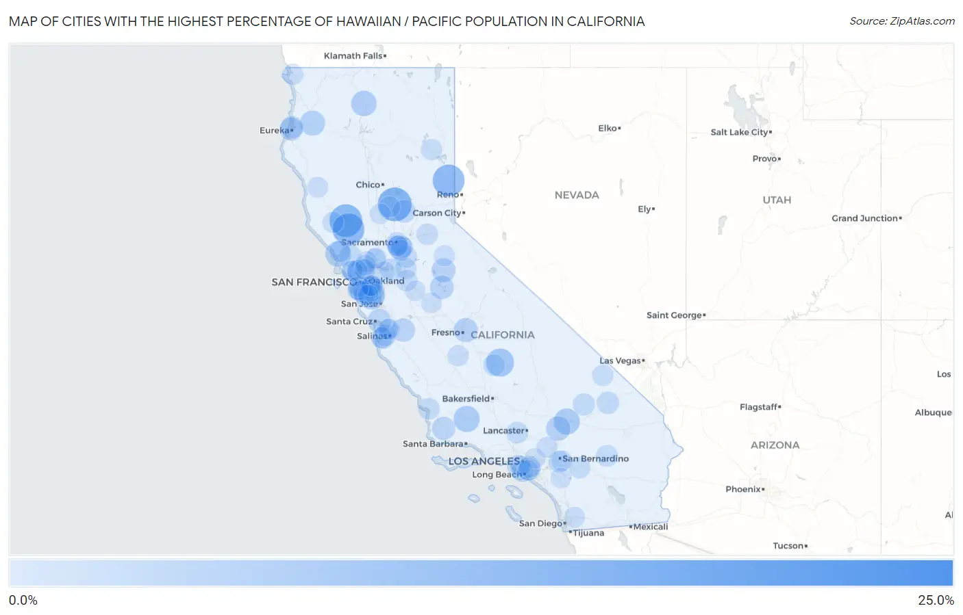 Cities with the Highest Percentage of Hawaiian / Pacific Population in California Map