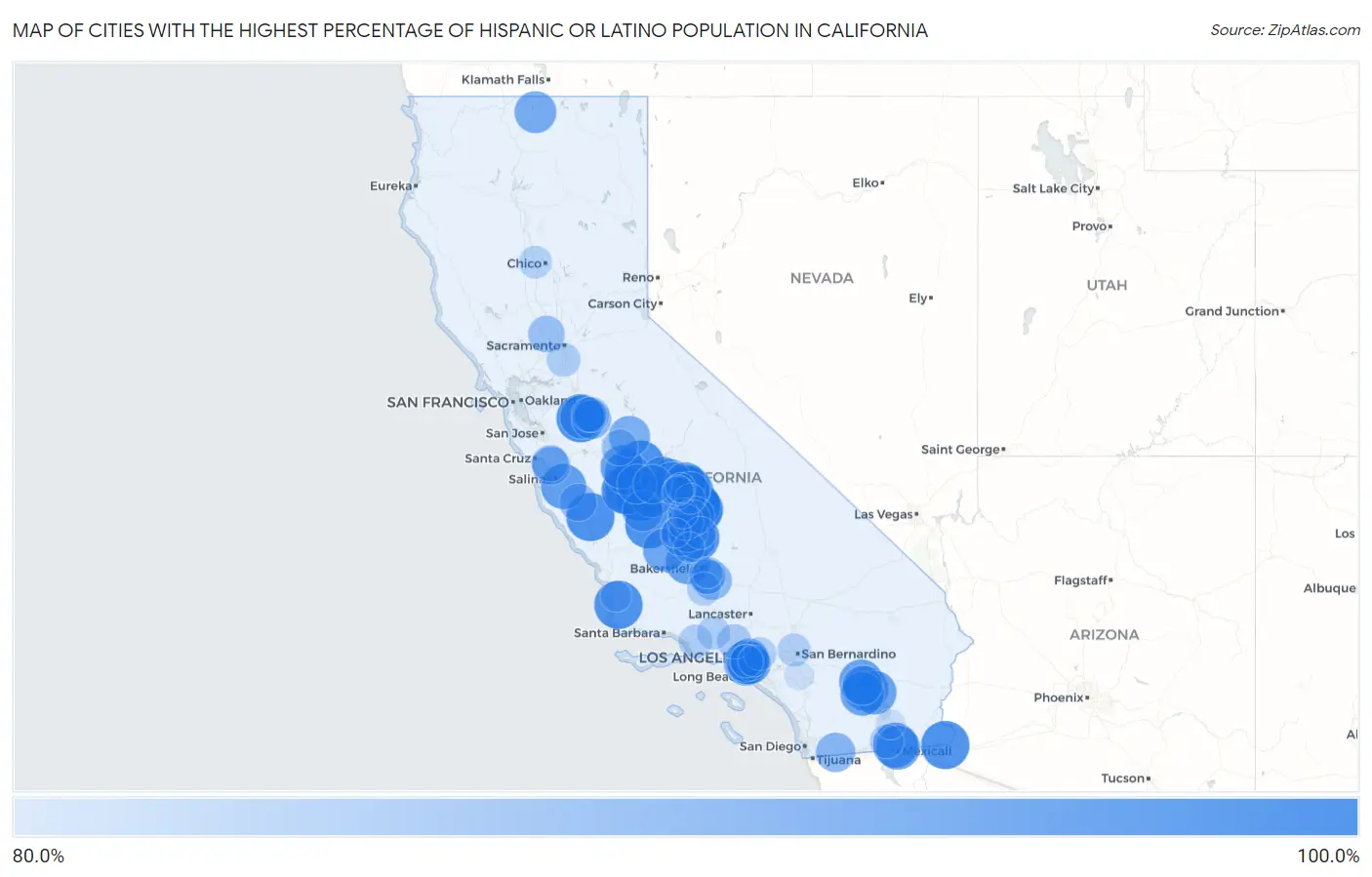 Cities with the Highest Percentage of Hispanic or Latino Population in California Map