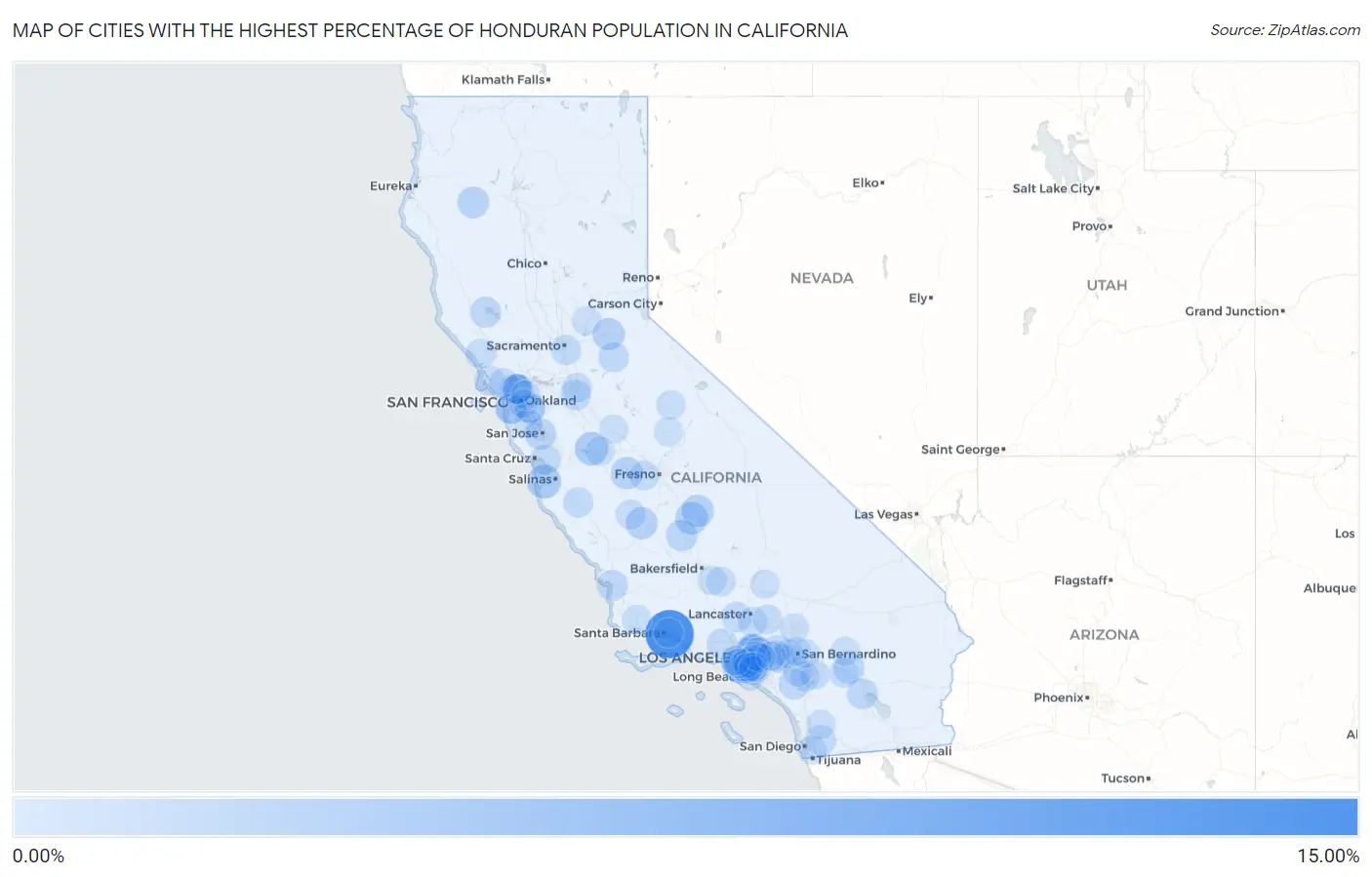 Cities with the Highest Percentage of Honduran Population in California Map