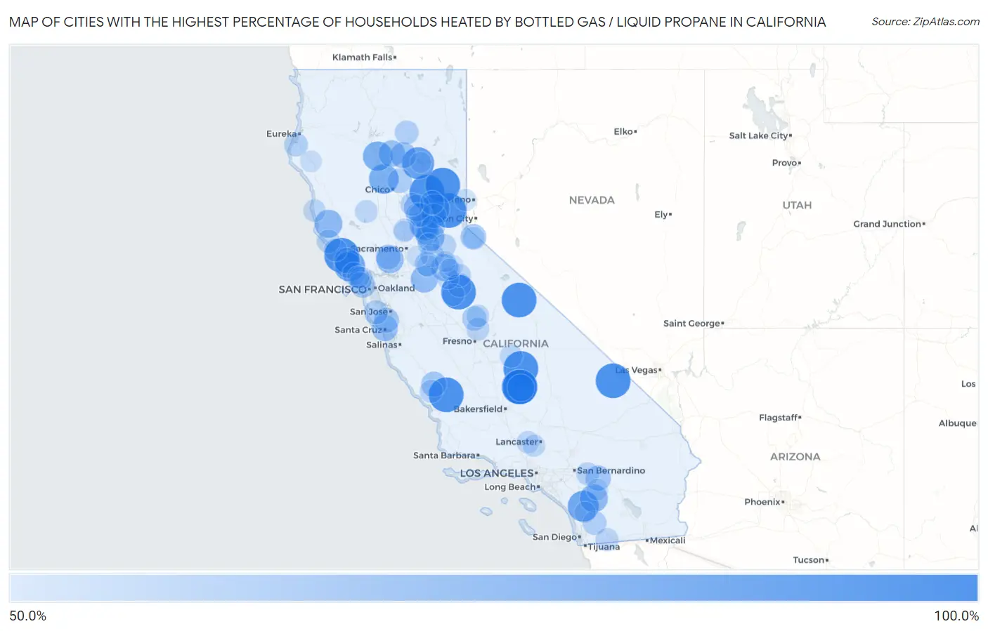 Cities with the Highest Percentage of Households Heated by Bottled Gas / Liquid Propane in California Map