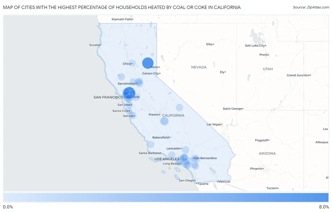 Cities with the Highest Percentage of Households Heated by Coal or Coke in California Map