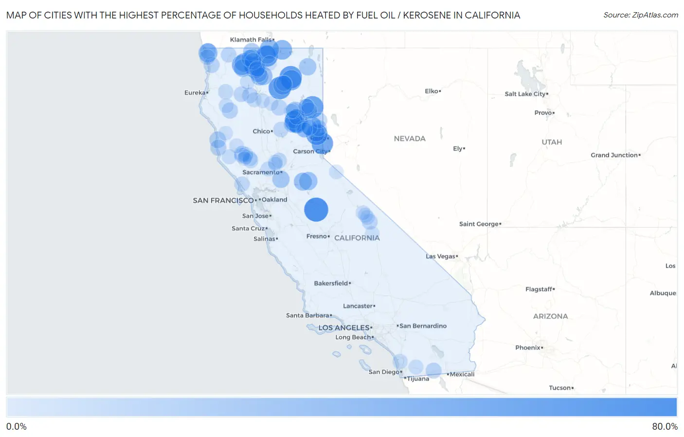 Cities with the Highest Percentage of Households Heated by Fuel Oil / Kerosene in California Map