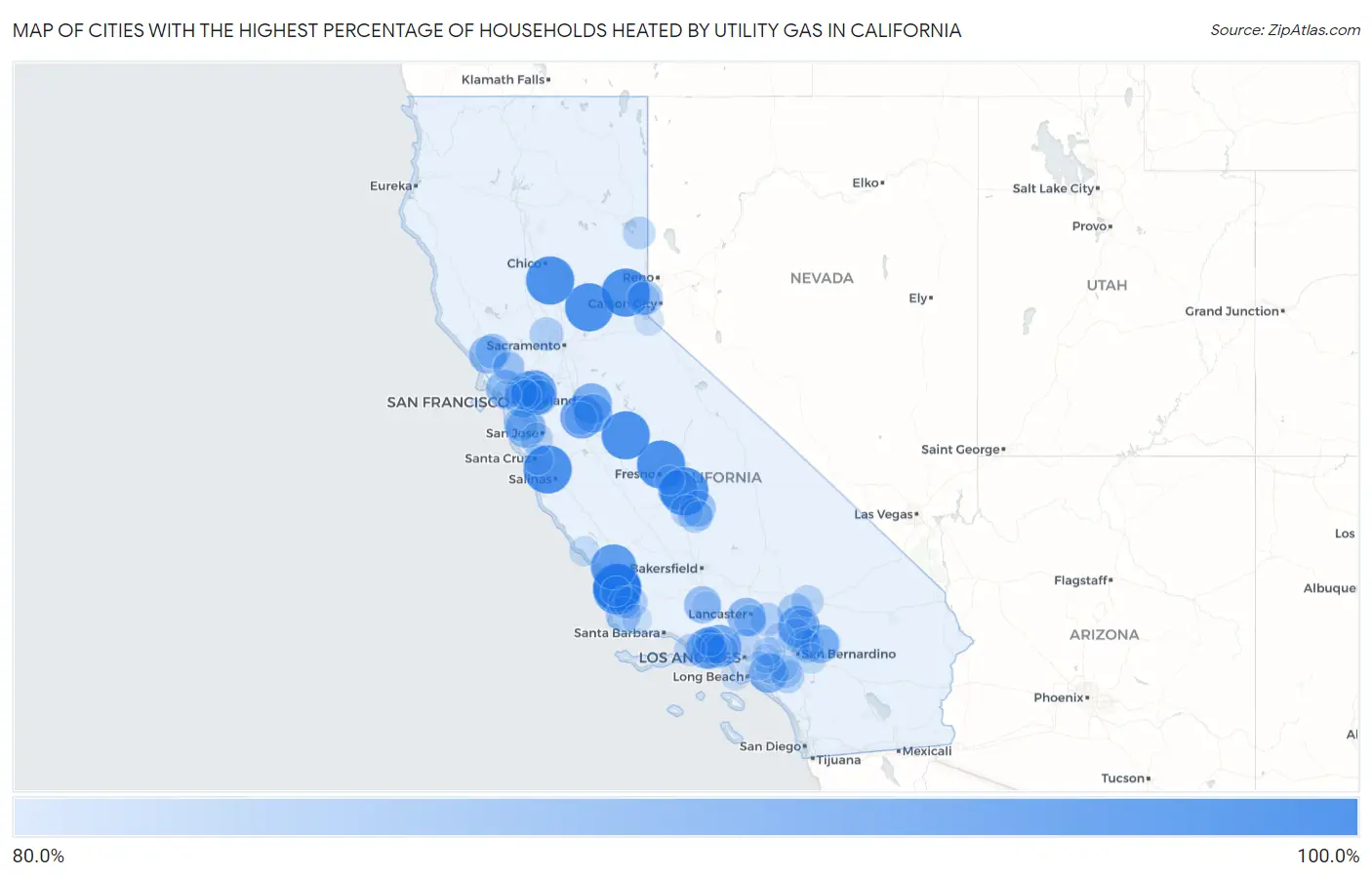 Cities with the Highest Percentage of Households Heated by Utility Gas in California Map