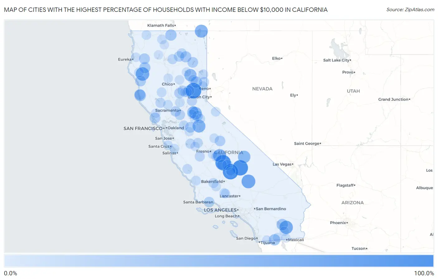 Cities with the Highest Percentage of Households with Income Below $10,000 in California Map