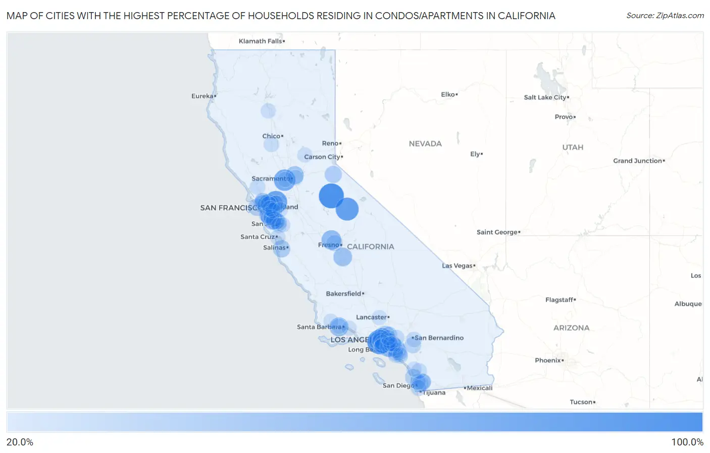 Cities with the Highest Percentage of Households Residing in Condos/Apartments in California Map