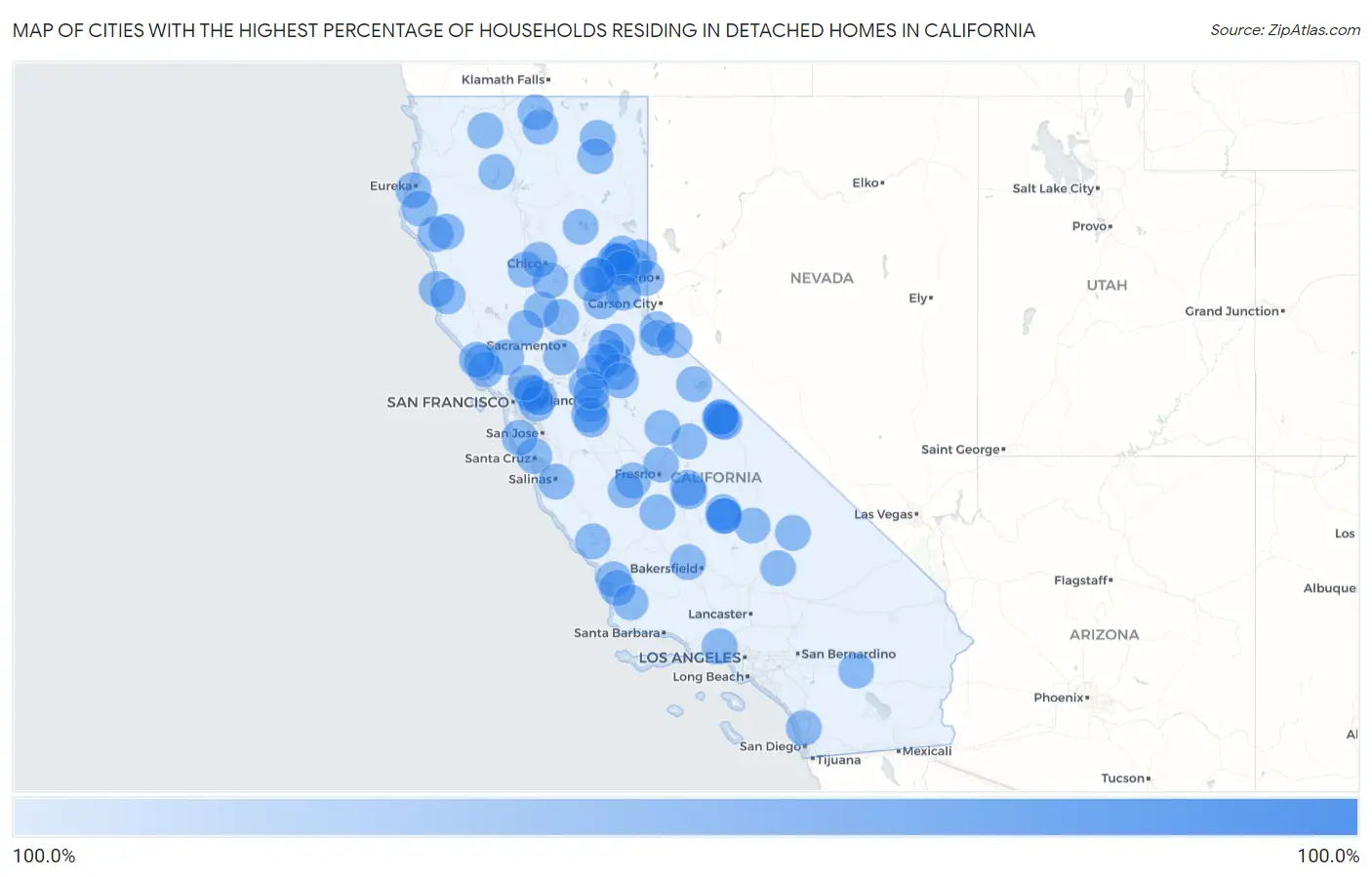 Cities with the Highest Percentage of Households Residing in Detached Homes in California Map