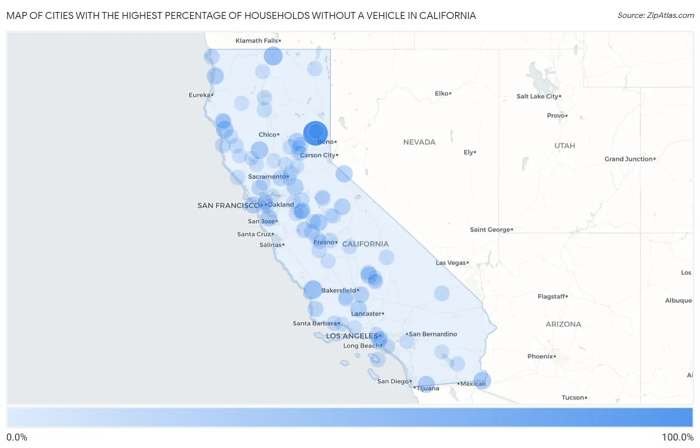 Cities with the Highest Percentage of Households Without a Vehicle in California Map