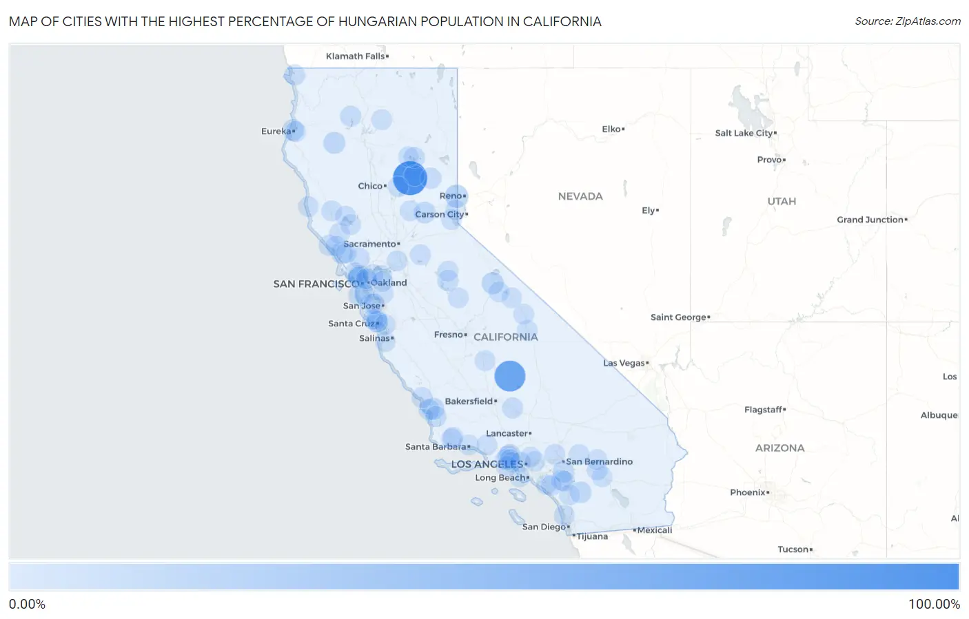 Cities with the Highest Percentage of Hungarian Population in California Map