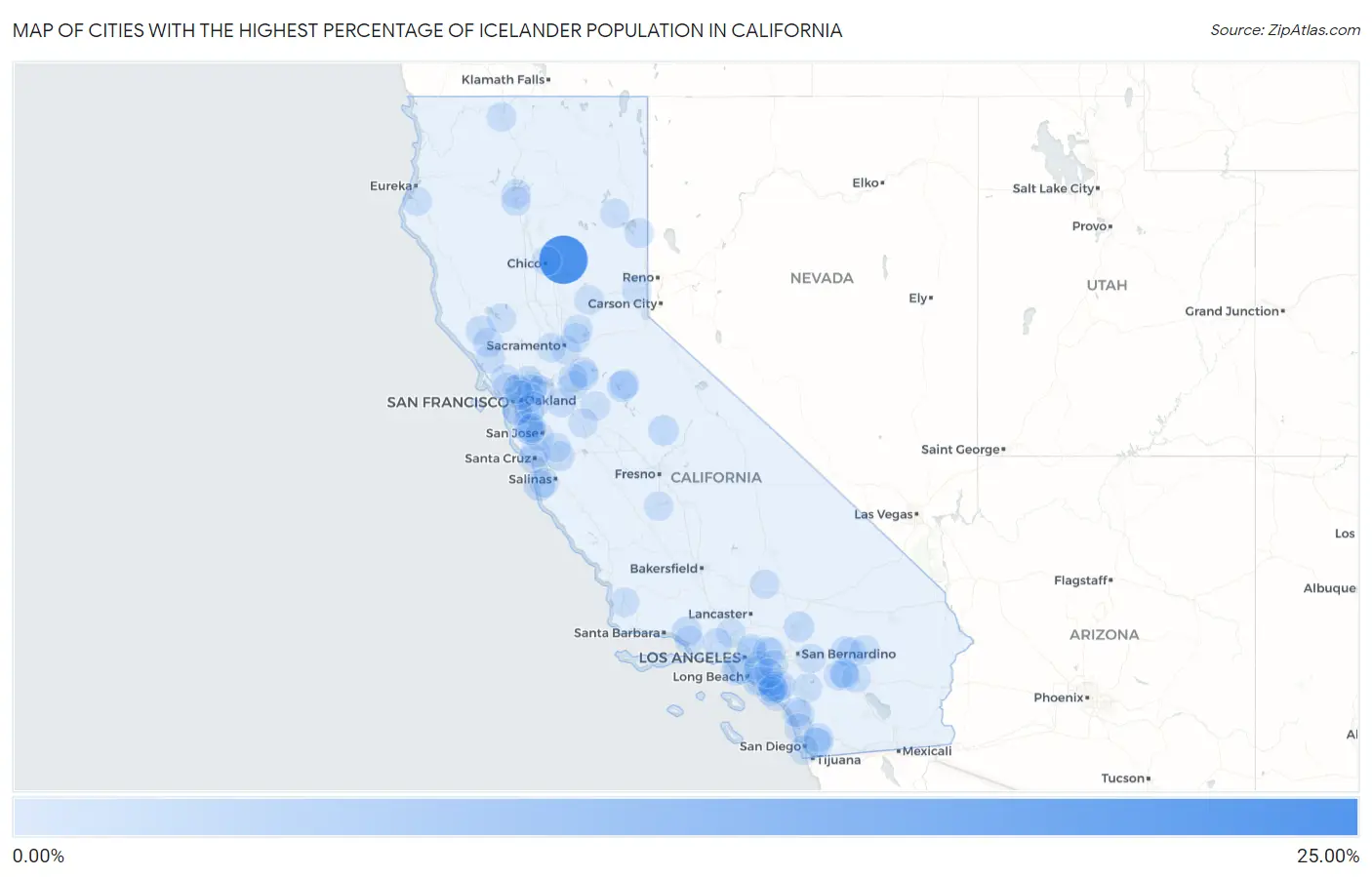 Cities with the Highest Percentage of Icelander Population in California Map