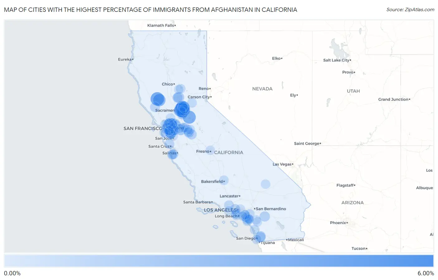 Cities with the Highest Percentage of Immigrants from Afghanistan in California Map