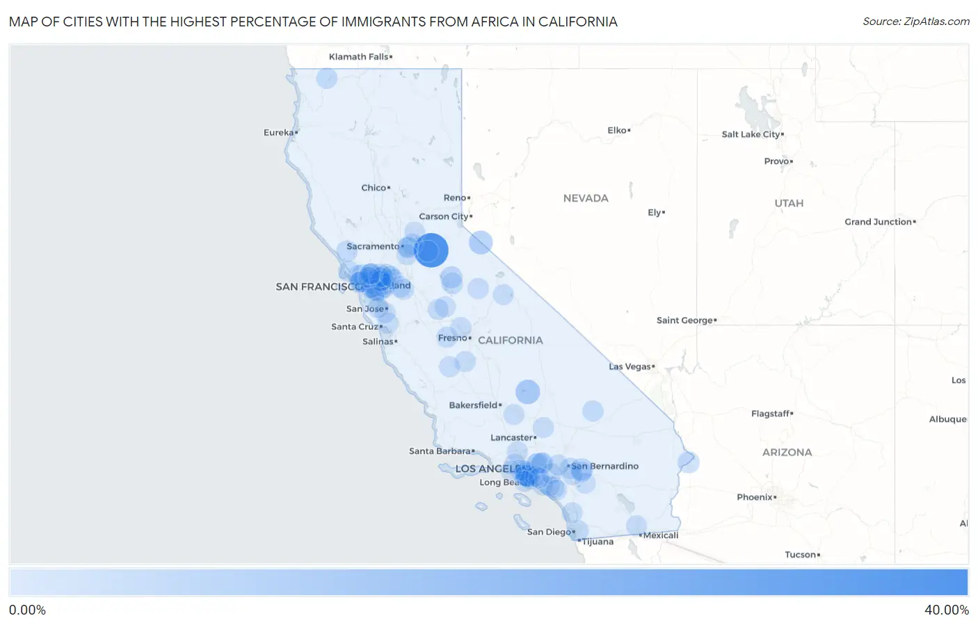 Cities with the Highest Percentage of Immigrants from Africa in California Map