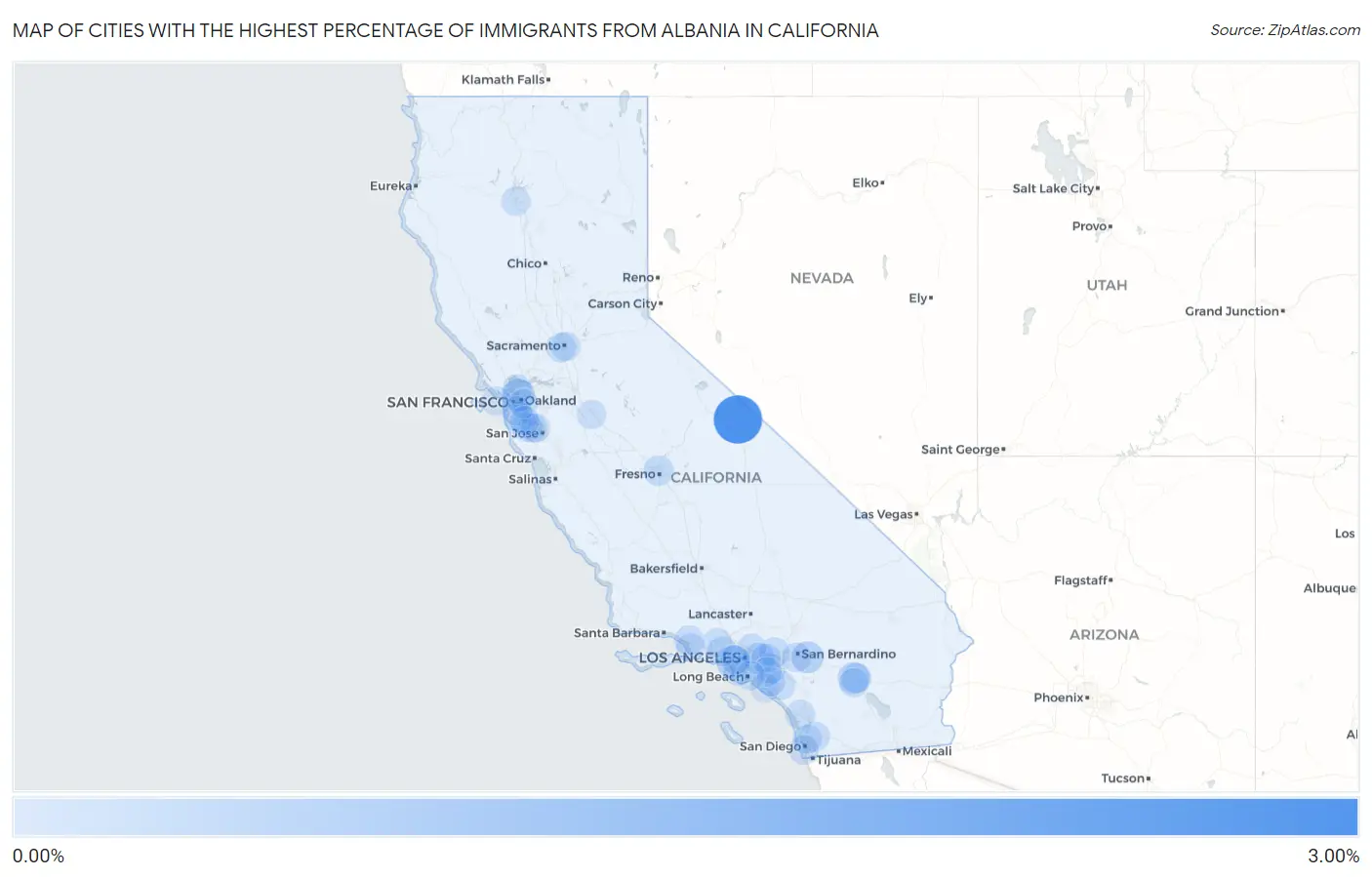 Cities with the Highest Percentage of Immigrants from Albania in California Map