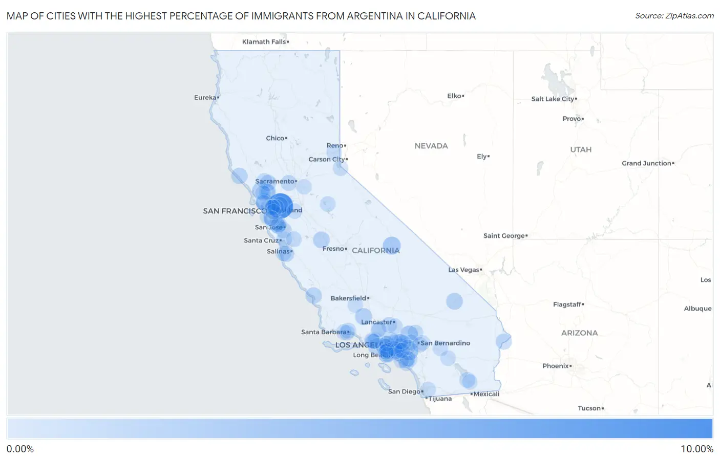 Cities with the Highest Percentage of Immigrants from Argentina in California Map