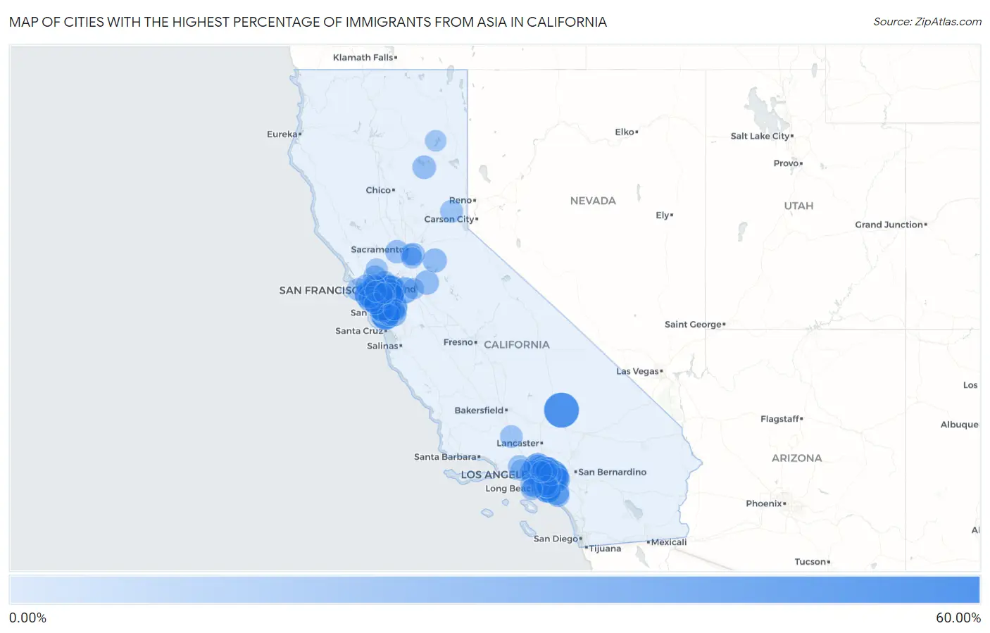 Cities with the Highest Percentage of Immigrants from Asia in California Map