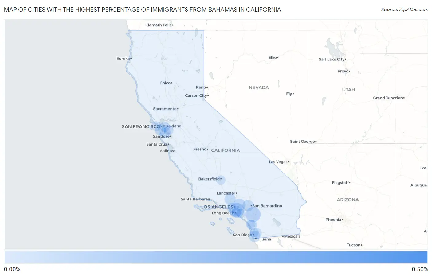 Cities with the Highest Percentage of Immigrants from Bahamas in California Map