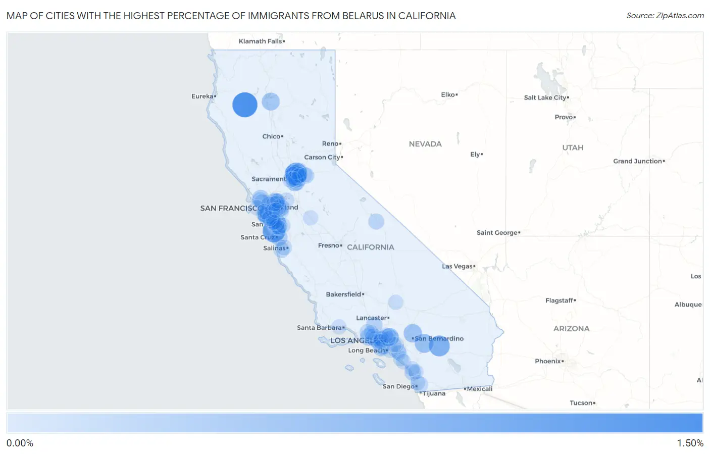 Cities with the Highest Percentage of Immigrants from Belarus in California Map