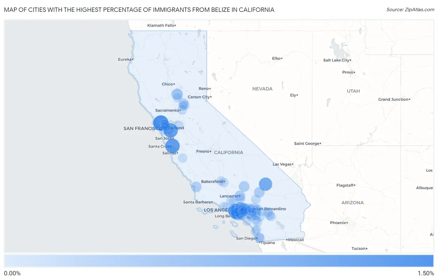 Cities with the Highest Percentage of Immigrants from Belize in California Map