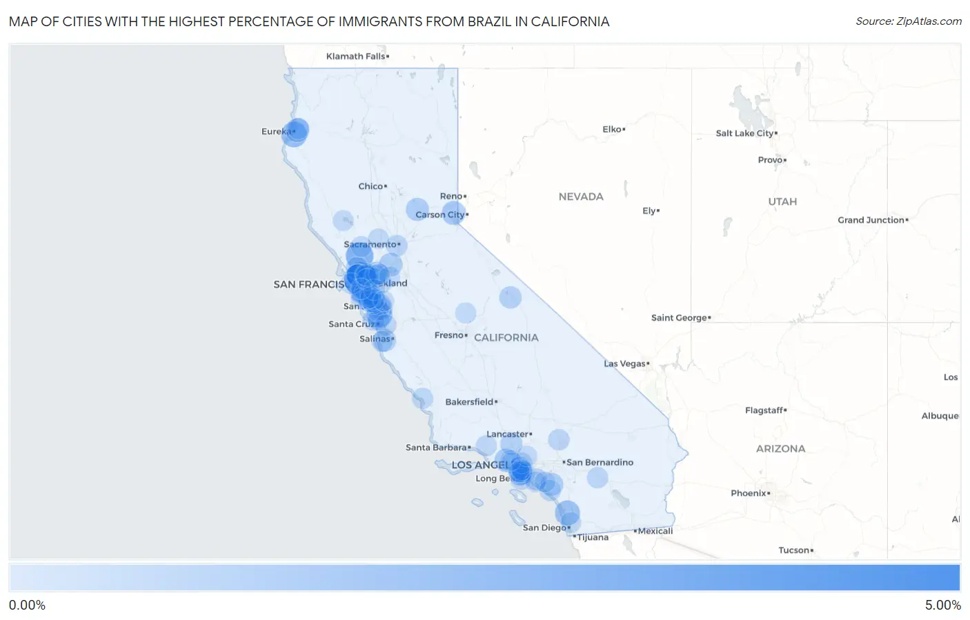Cities with the Highest Percentage of Immigrants from Brazil in California Map