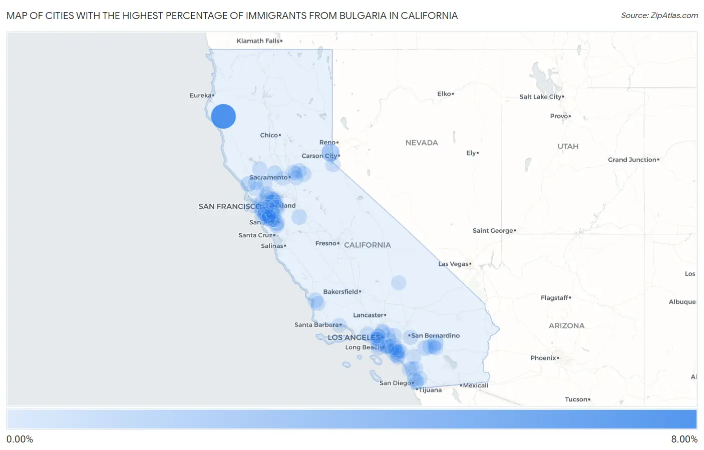 Cities with the Highest Percentage of Immigrants from Bulgaria in California Map