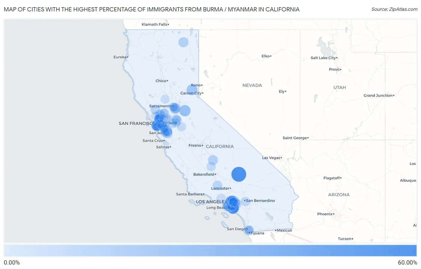 Cities with the Highest Percentage of Immigrants from Burma / Myanmar in California Map