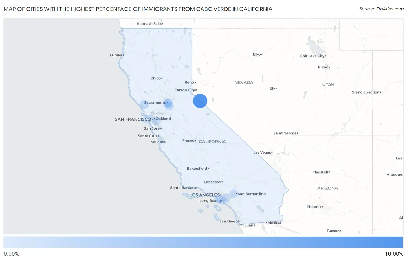 Cities with the Highest Percentage of Immigrants from Cabo Verde in California Map