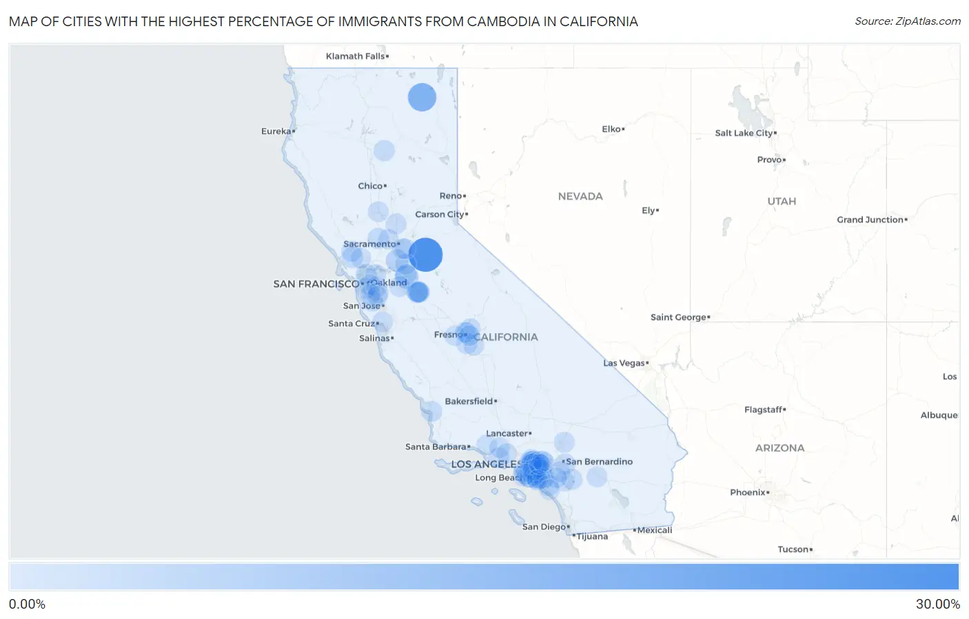 Cities with the Highest Percentage of Immigrants from Cambodia in California Map