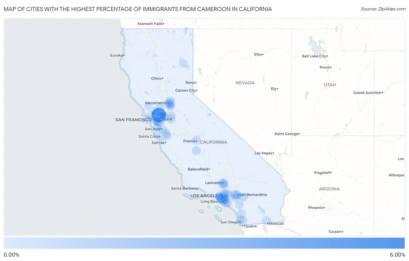 Cities with the Highest Percentage of Immigrants from Cameroon in California Map