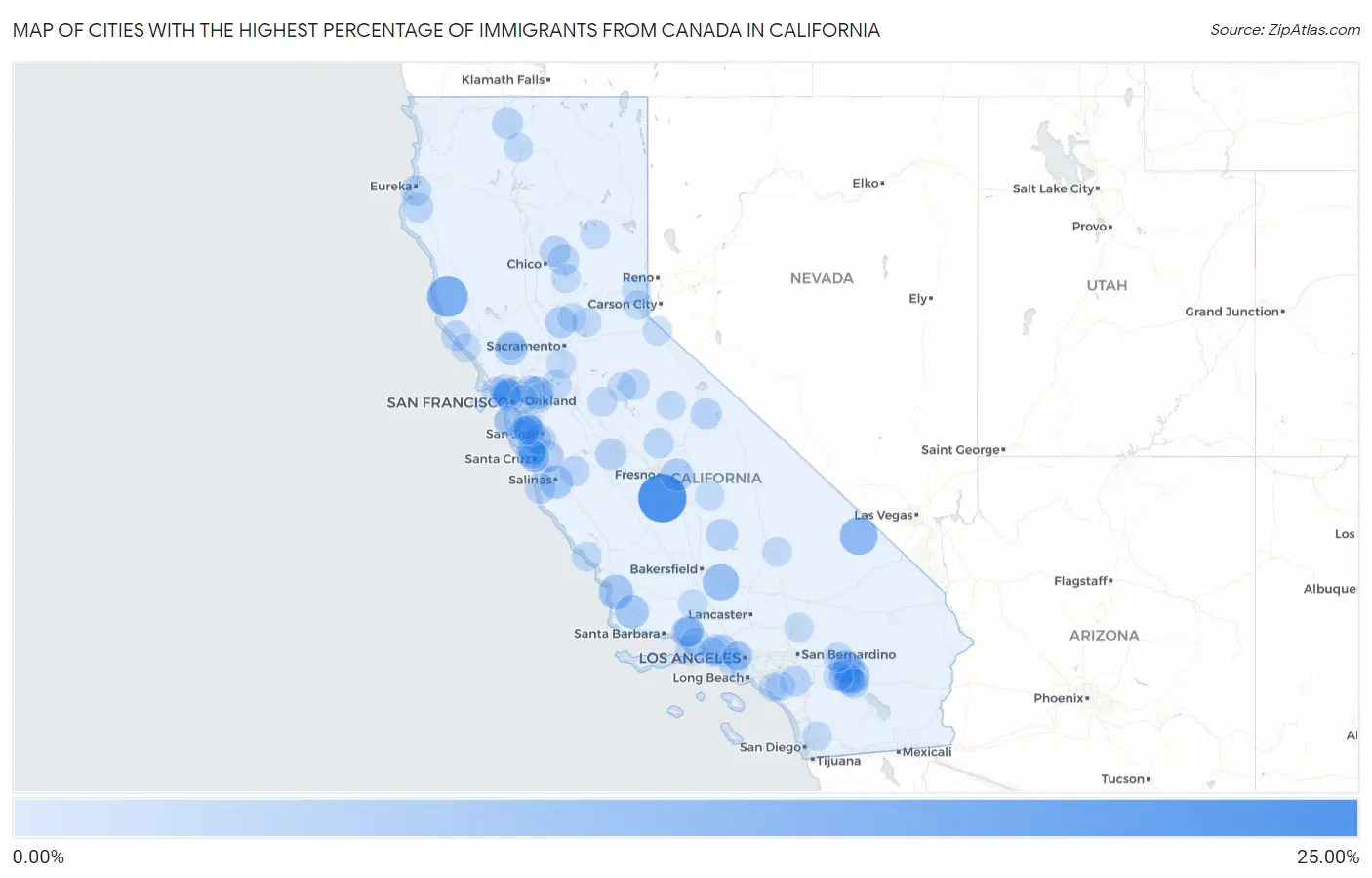 Cities with the Highest Percentage of Immigrants from Canada in California Map