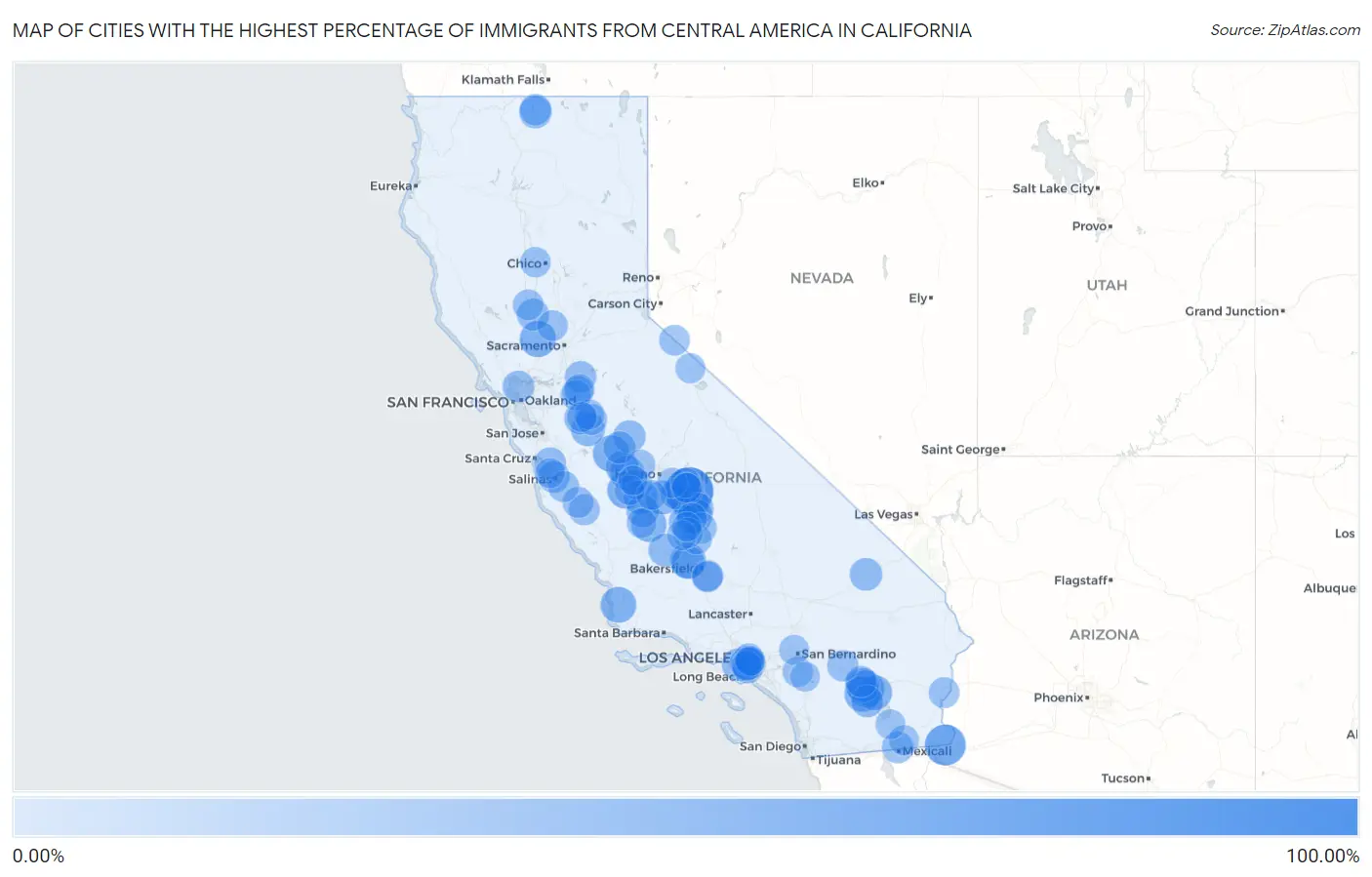 Cities with the Highest Percentage of Immigrants from Central America in California Map