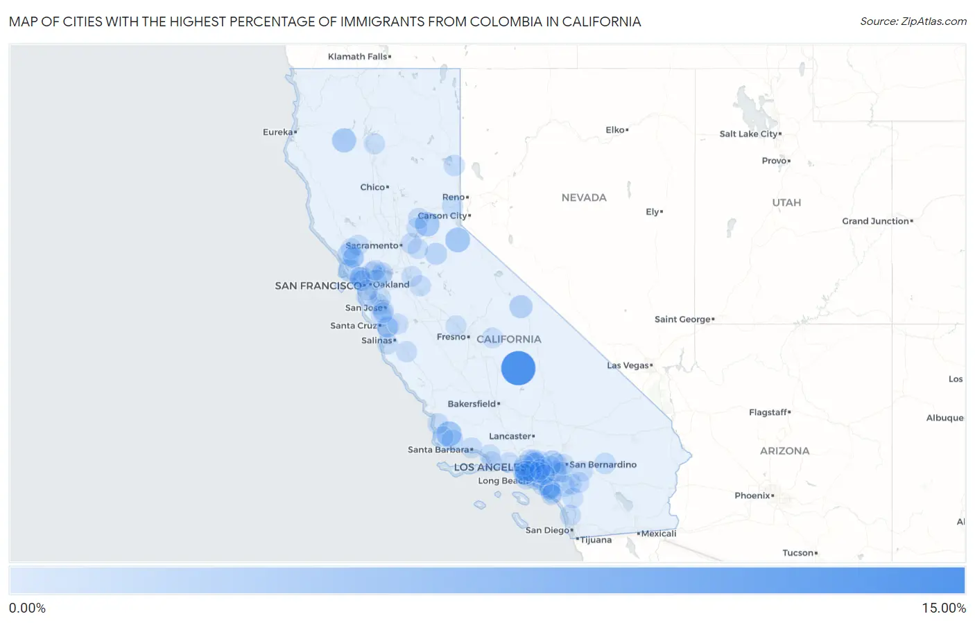 Cities with the Highest Percentage of Immigrants from Colombia in California Map