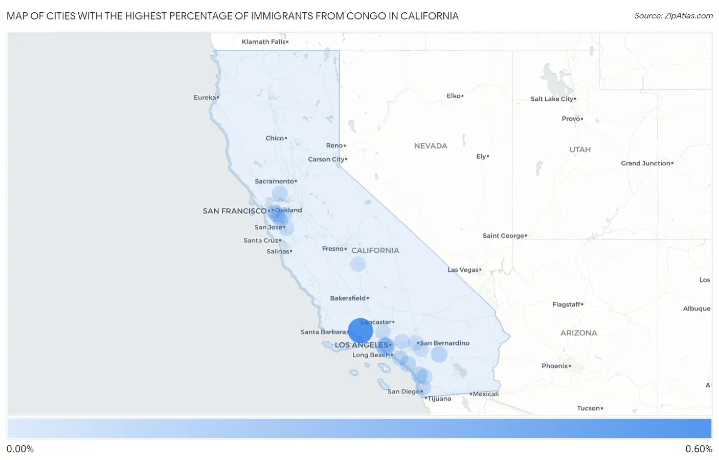 Cities with the Highest Percentage of Immigrants from Congo in California Map