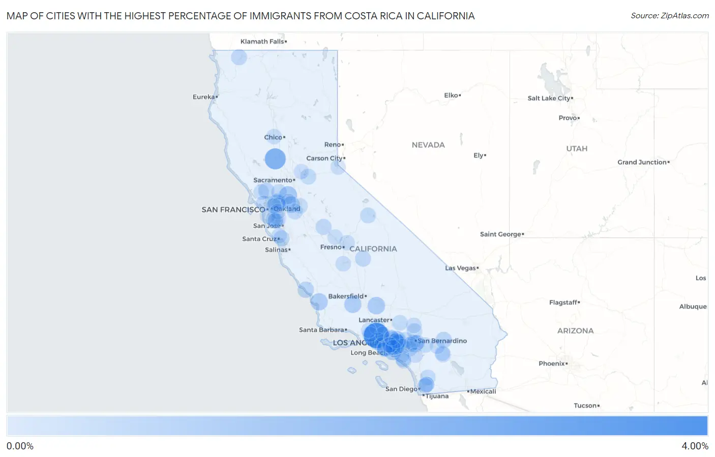 Cities with the Highest Percentage of Immigrants from Costa Rica in California Map