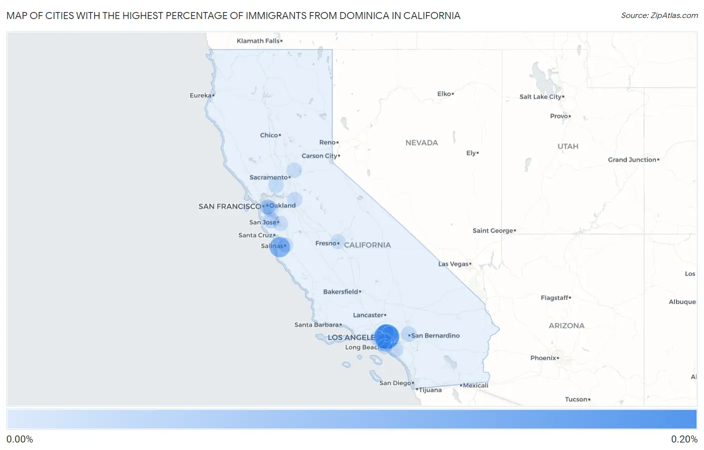 Cities with the Highest Percentage of Immigrants from Dominica in California Map