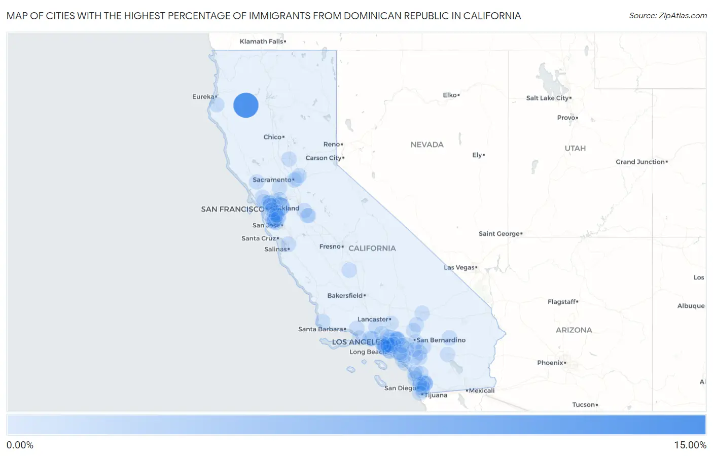 Cities with the Highest Percentage of Immigrants from Dominican Republic in California Map