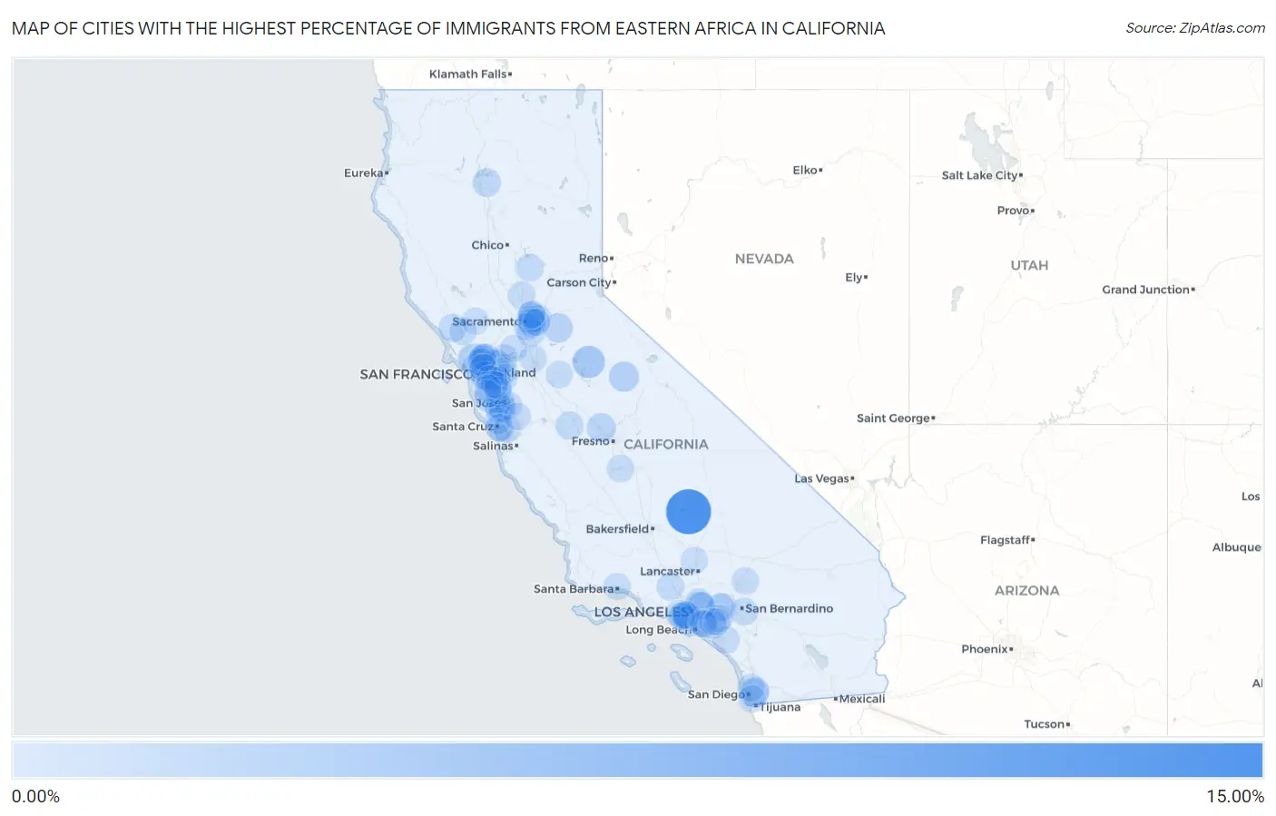 Cities with the Highest Percentage of Immigrants from Eastern Africa in California Map