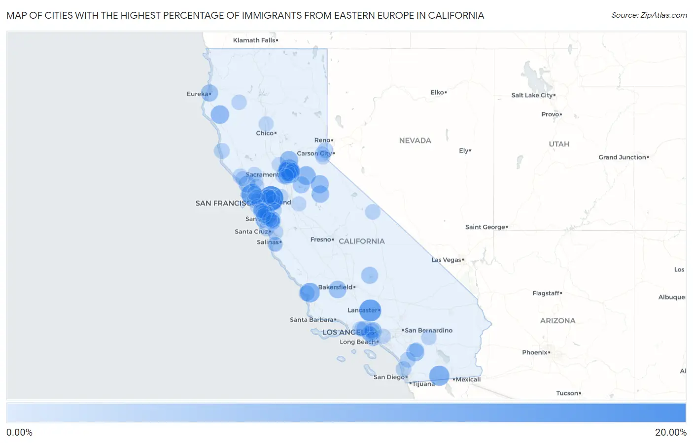 Cities with the Highest Percentage of Immigrants from Eastern Europe in California Map