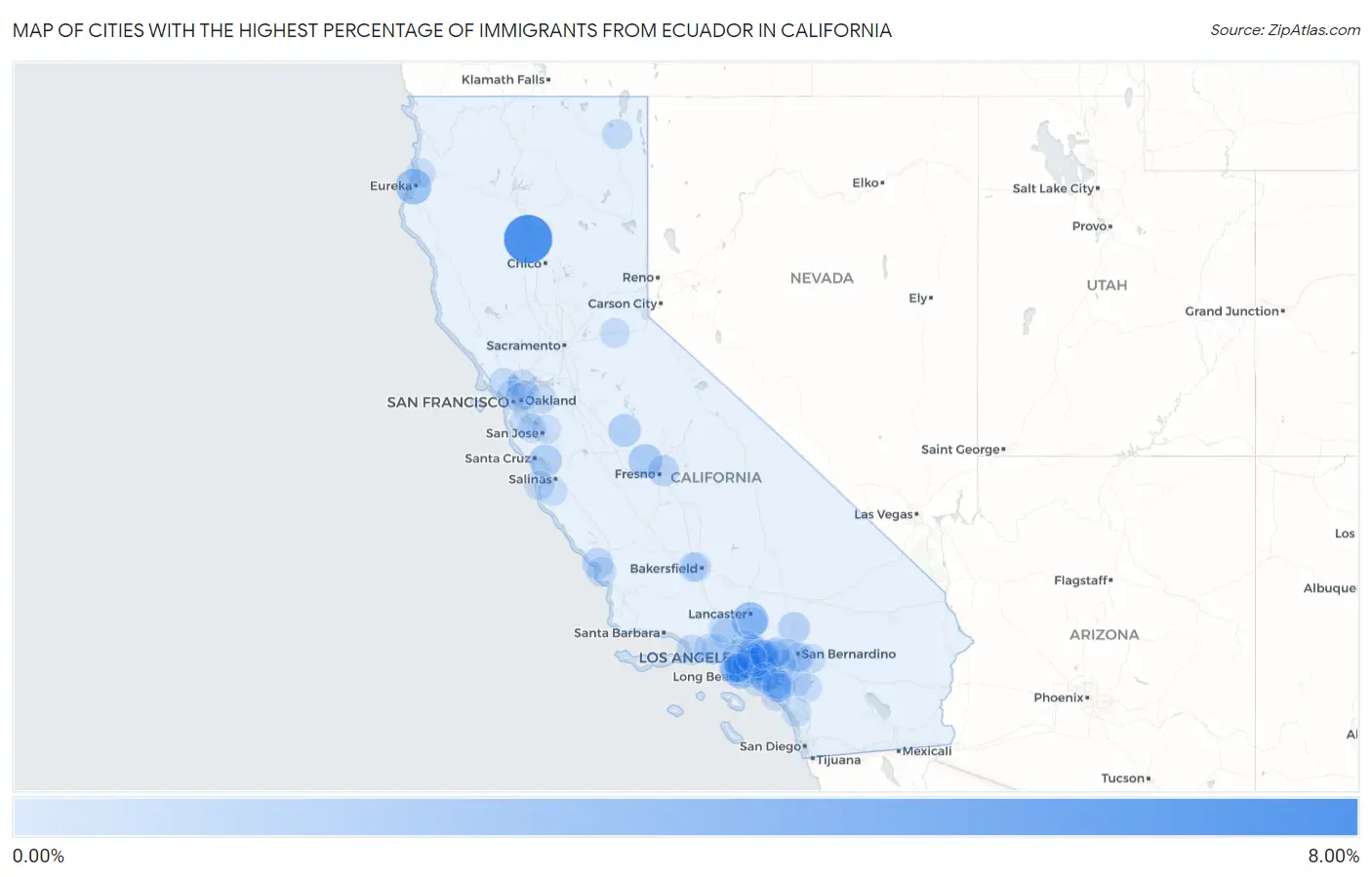Cities with the Highest Percentage of Immigrants from Ecuador in California Map