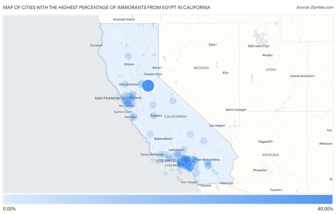 Cities with the Highest Percentage of Immigrants from Egypt in California Map