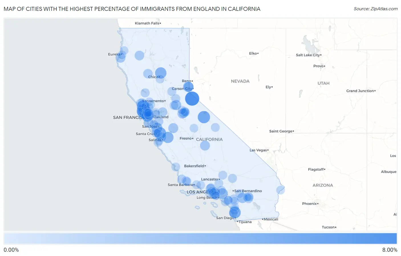 Cities with the Highest Percentage of Immigrants from England in California Map