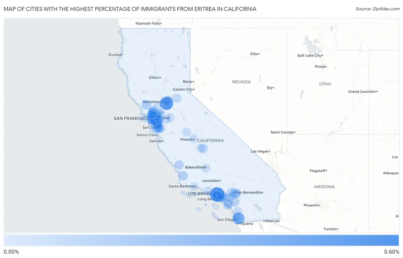 Cities with the Highest Percentage of Immigrants from Eritrea in California Map