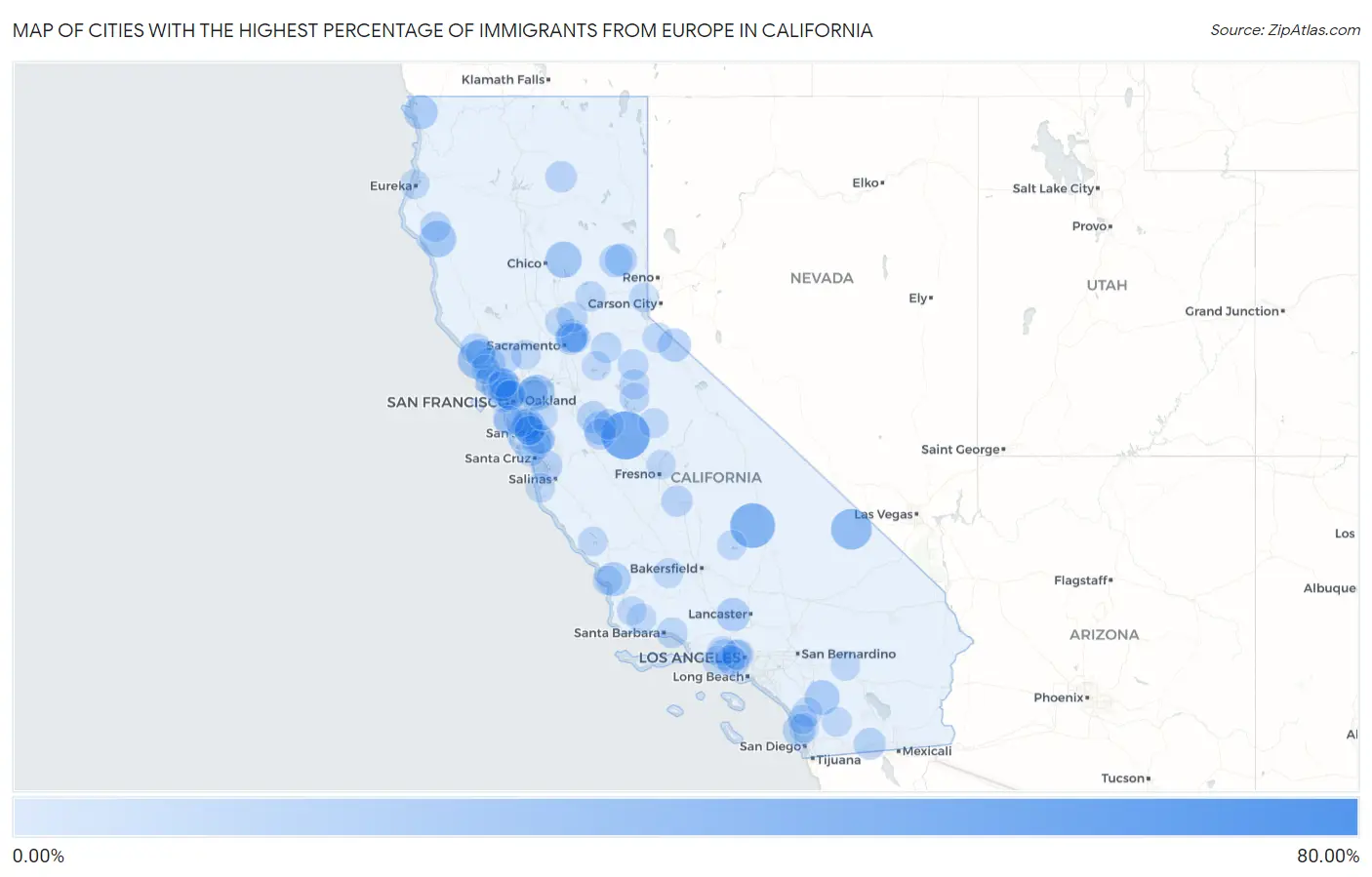 Cities with the Highest Percentage of Immigrants from Europe in California Map