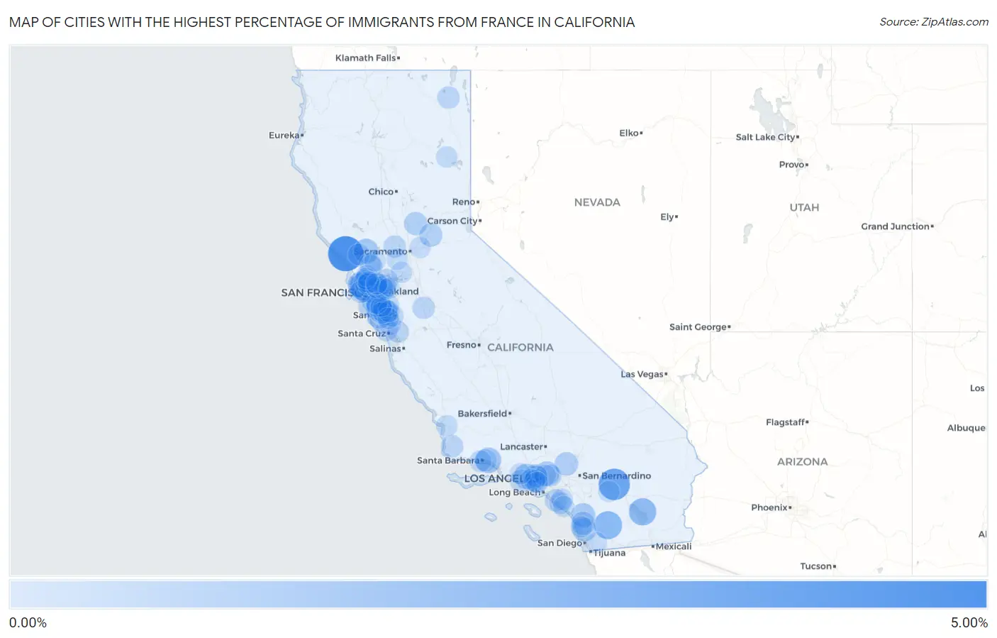 Cities with the Highest Percentage of Immigrants from France in California Map