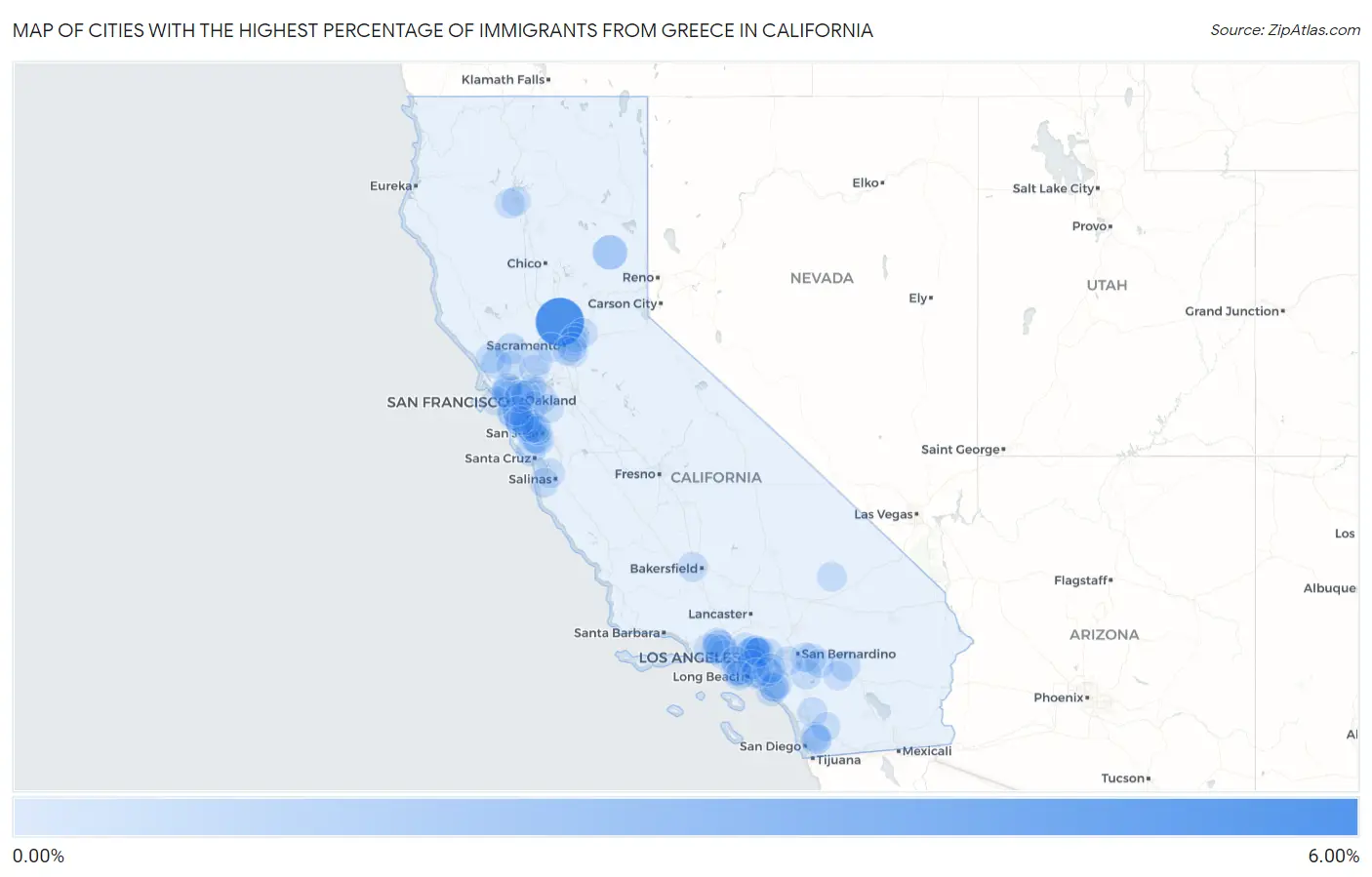 Cities with the Highest Percentage of Immigrants from Greece in California Map