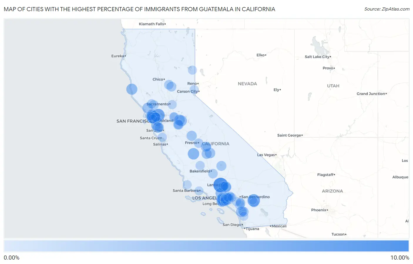 Cities with the Highest Percentage of Immigrants from Guatemala in California Map