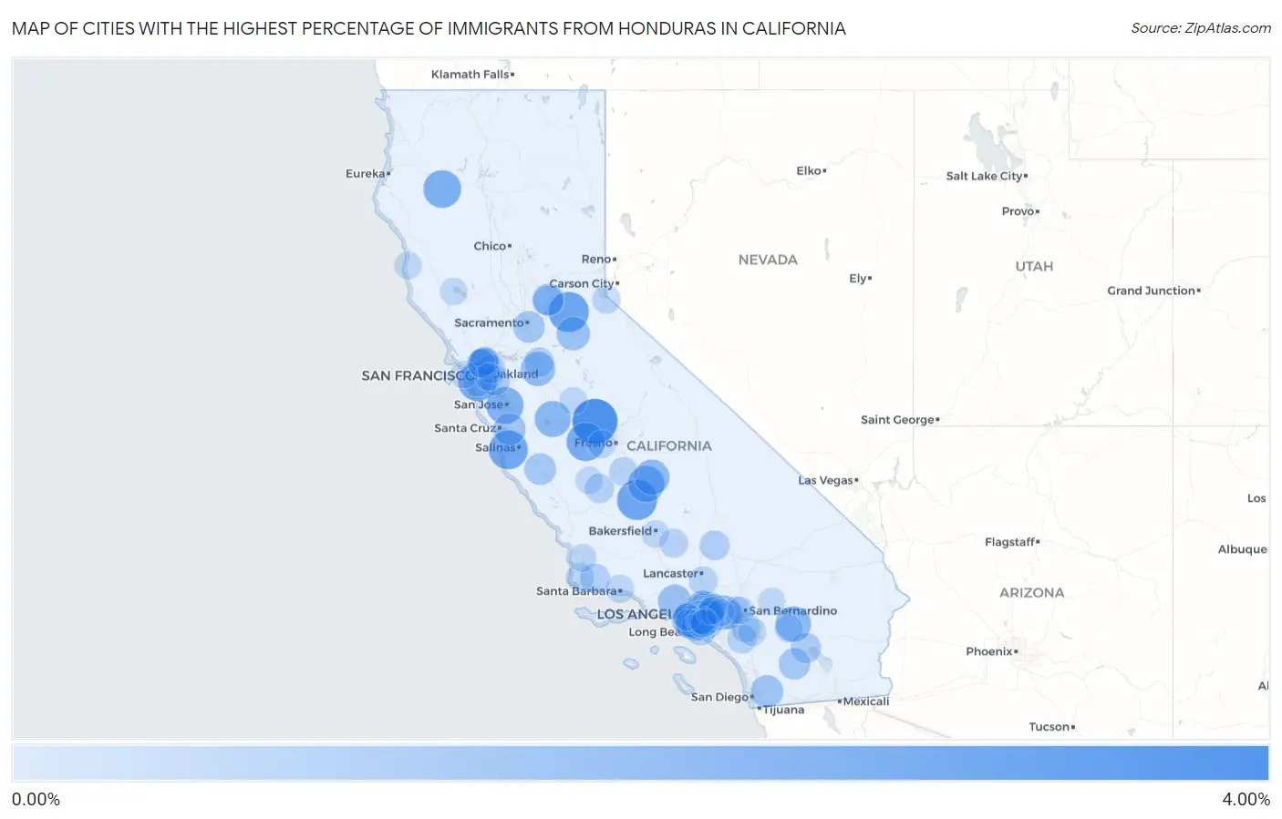 Cities with the Highest Percentage of Immigrants from Honduras in California Map